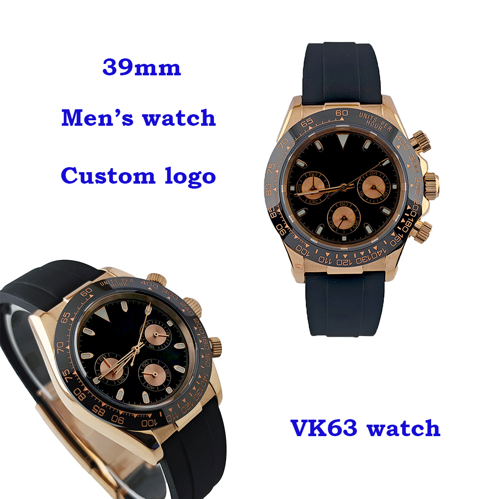 Rose Gold Bracelet - 39mm VK63 メンズローズゴールド腕時計、パーソナライズされたカスタムロゴ入り腕時計、高品質ステンレススチール製腕時計、VK63ムーブメント搭載の改造腕時計