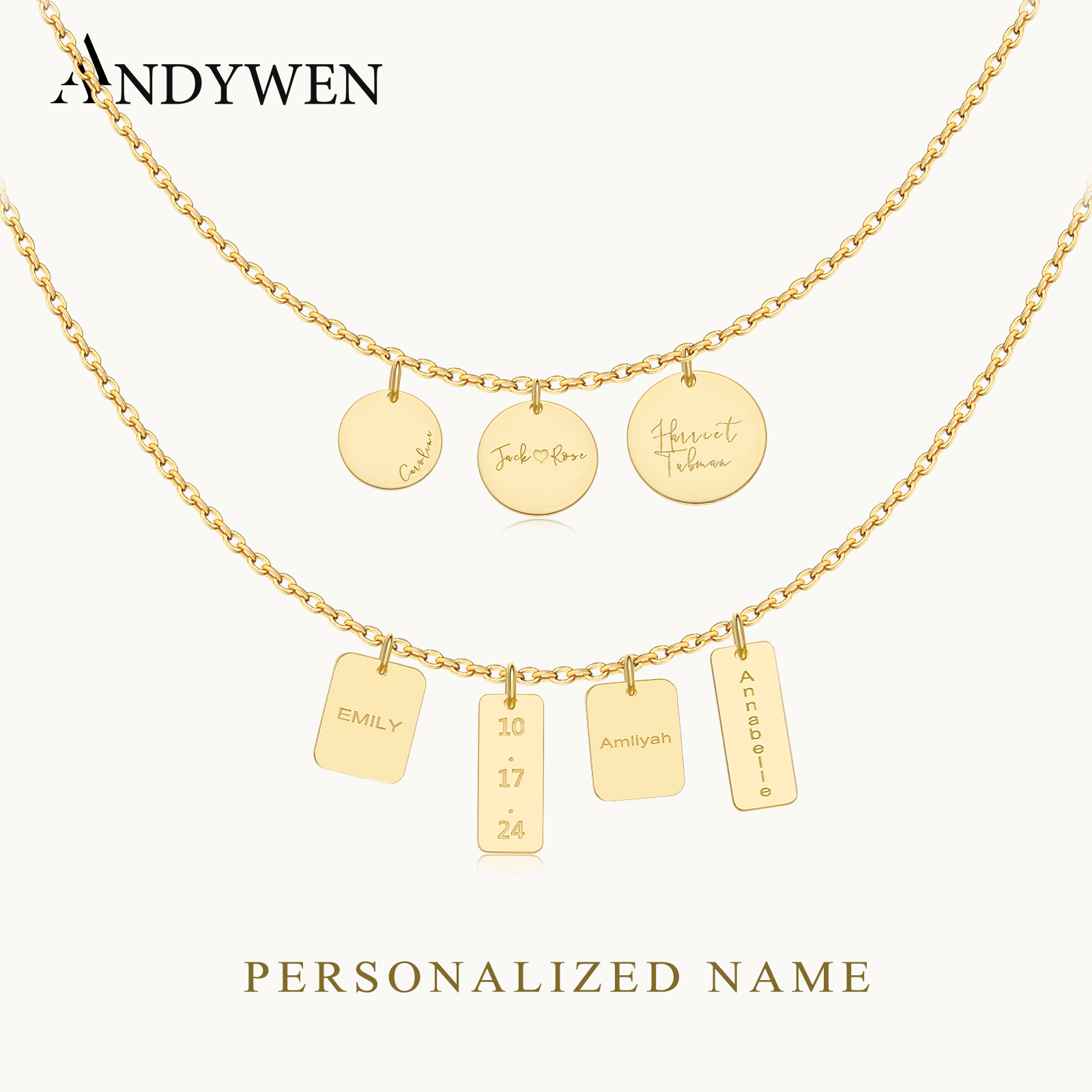 Engraved Name Necklace - ANDYWEN 925 スターリングシルバー パーソナライズされた名前が刻まれたレターネックレス ペンダント 誕生日