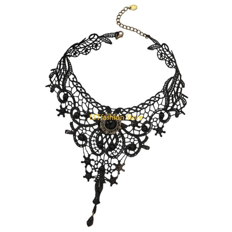 Crystal Choker Necklace - Y5GC レースチョーカーネックレス ゴシックレースチョーカーネックチェーン吸血鬼ペンダントネックレス女性用ハロウィンパーティーコスチュームギフト