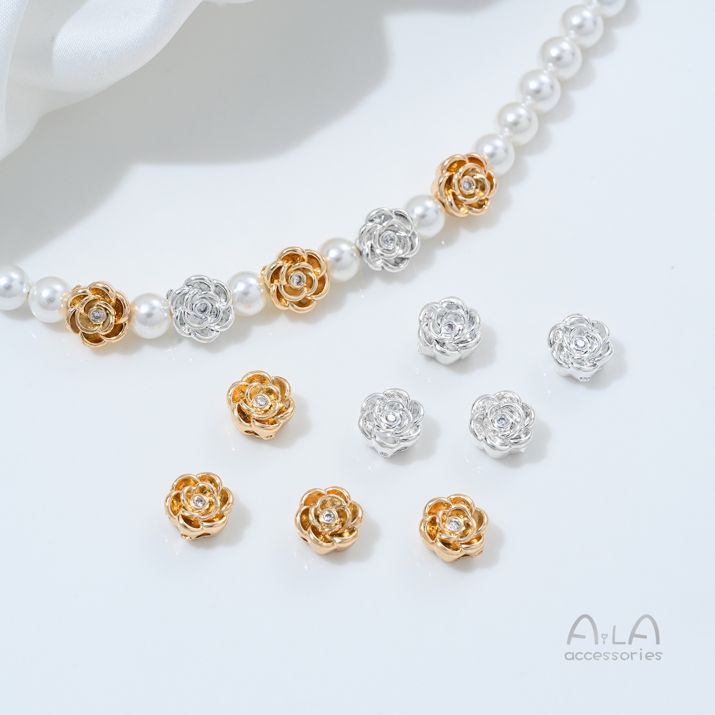 Rose Gold Bracelet - 銅メッキ 14K ゴールド象嵌ジルコンローズビーズスペーサー手作り DIY クリスタルストリングパールブレスレットネックレスジュエリーアクセサリー
