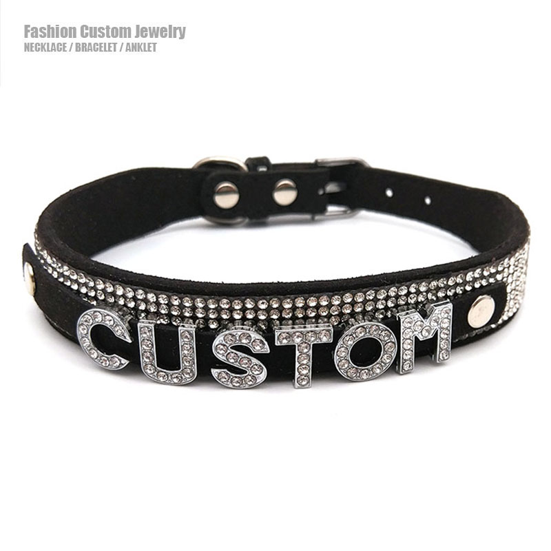 Crystal Choker Necklace - 光沢のあるラインストーンの手紙カスタム首輪チョーカーネックレス女性男性セクシーな黒ソフトレザーカスタマイズされた名前コスプレパーティージュエリー