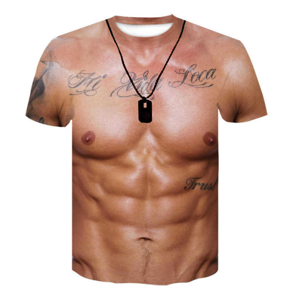 Mens Dog Tag Necklace - メンズ面白い偽筋肉腹筋3D全面プリントTシャツタトゥードッグタグネックレスグラフィック半袖ノベルティカジュアルパーティーティートップス