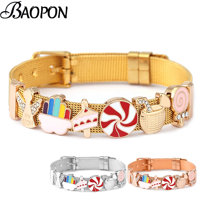 Jewelry Watches For Kids - ゴールドカラーのステンレス鋼ストラップメッシュブレスレット女性のためのロリポップエンジェルビーズチャームウォッチキーパーブレスレットバングルキッズジュエリー
