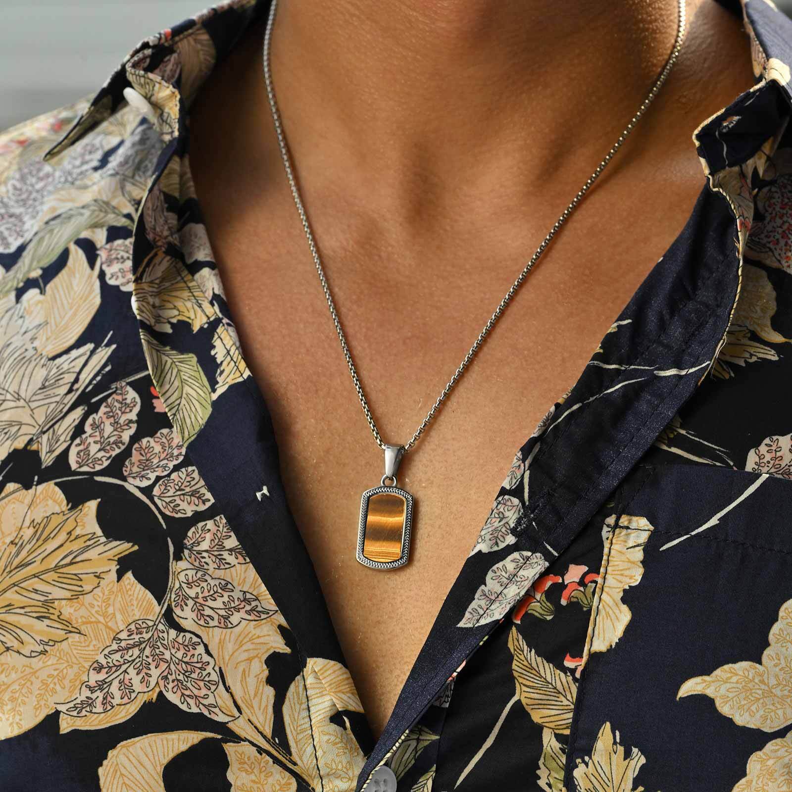 Mens Dog Tag Necklace - Vnox ステンレススチール タイガーアイストーン ペンダントネックレス メンズ用、ヴィンテージ風長方形低アレルギー性ボックスチェーン ドッグタグジュエリーギフト